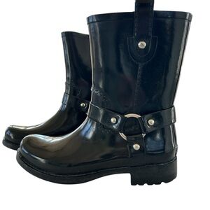 Michael Kors Mid-Calf Black Rubber Rain Boots with Buckle Detail, Size 9